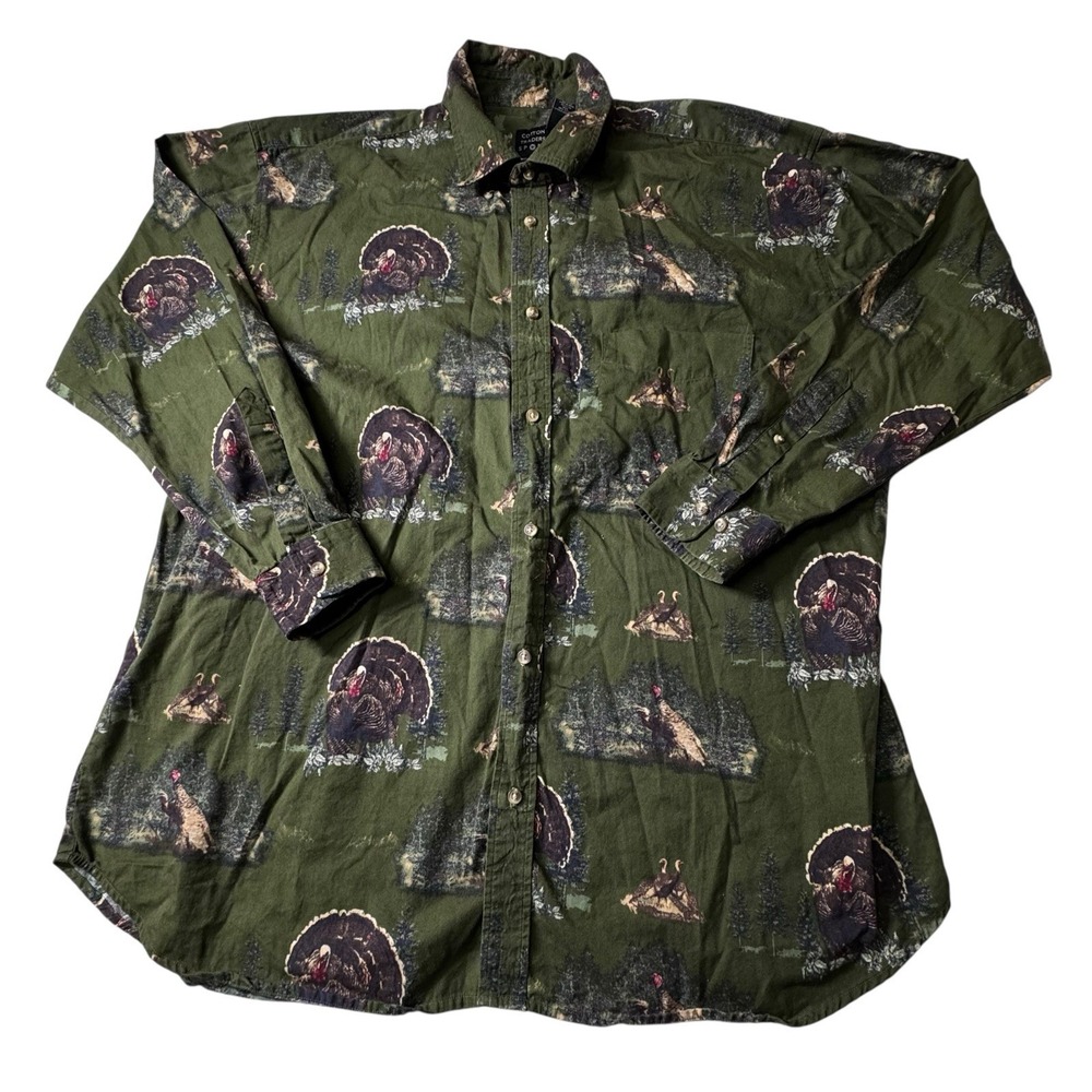 Cotton Traders Shirt Mens XXL Button‎ Down Turkey Hunt Green All Over Print